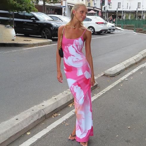 Sexy Party Maxi Dress For Women Summer Fashion Print Sleeveless Backless Bodycon Casual Club Elegant Strap Dress